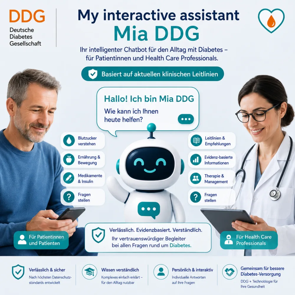 MiA DDG Ihr intelligenter Chatbot für den Alltag mit Diabetes, für Patientinnen und Patienten sowie für Health Care Professionals